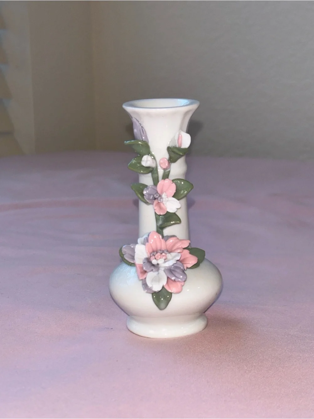 Vintage Chinese Porcelain 3D Floral Bud Vase Cottagecore Shabby Chic